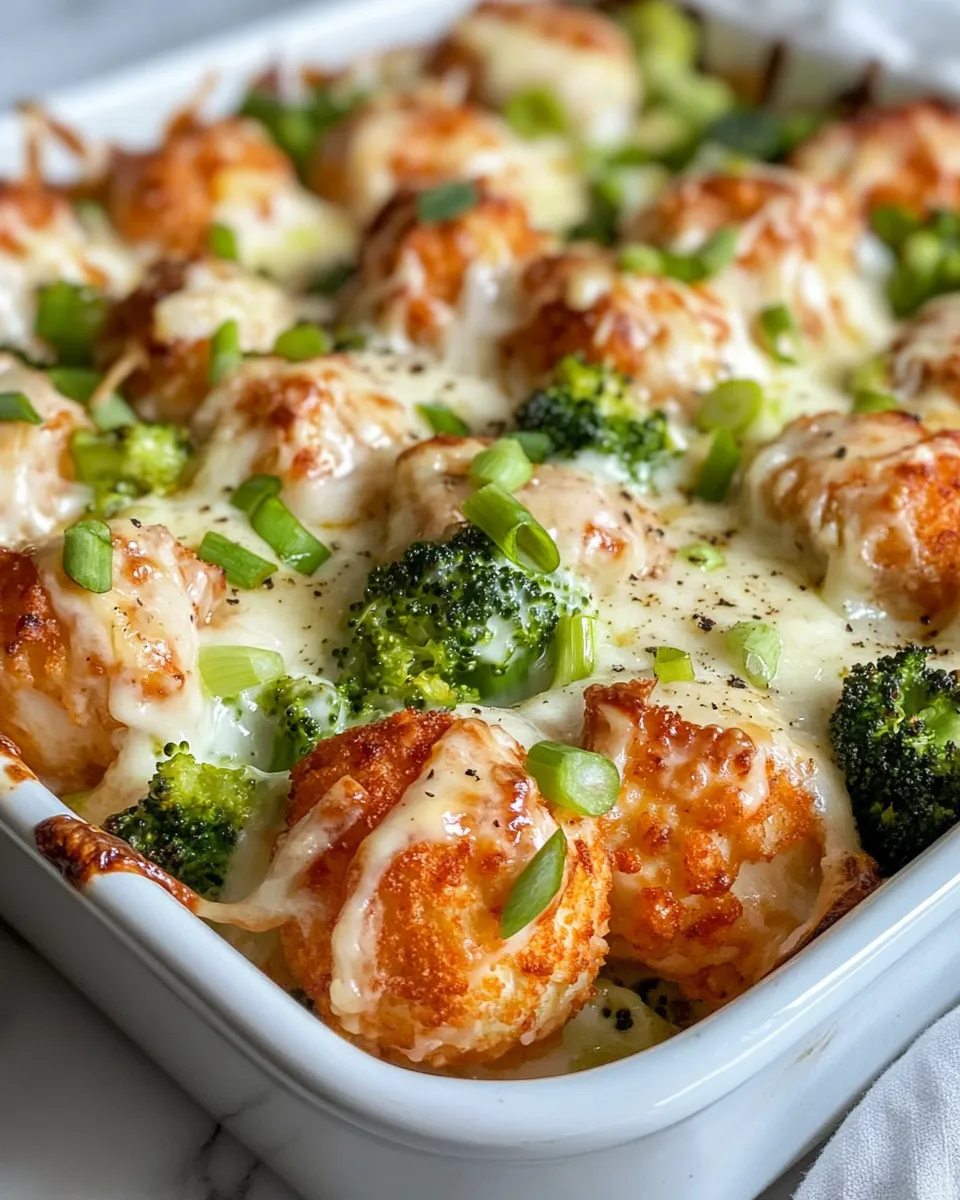 Easy Cheesy Chicken Broccoli Tater Tot Bake food shot