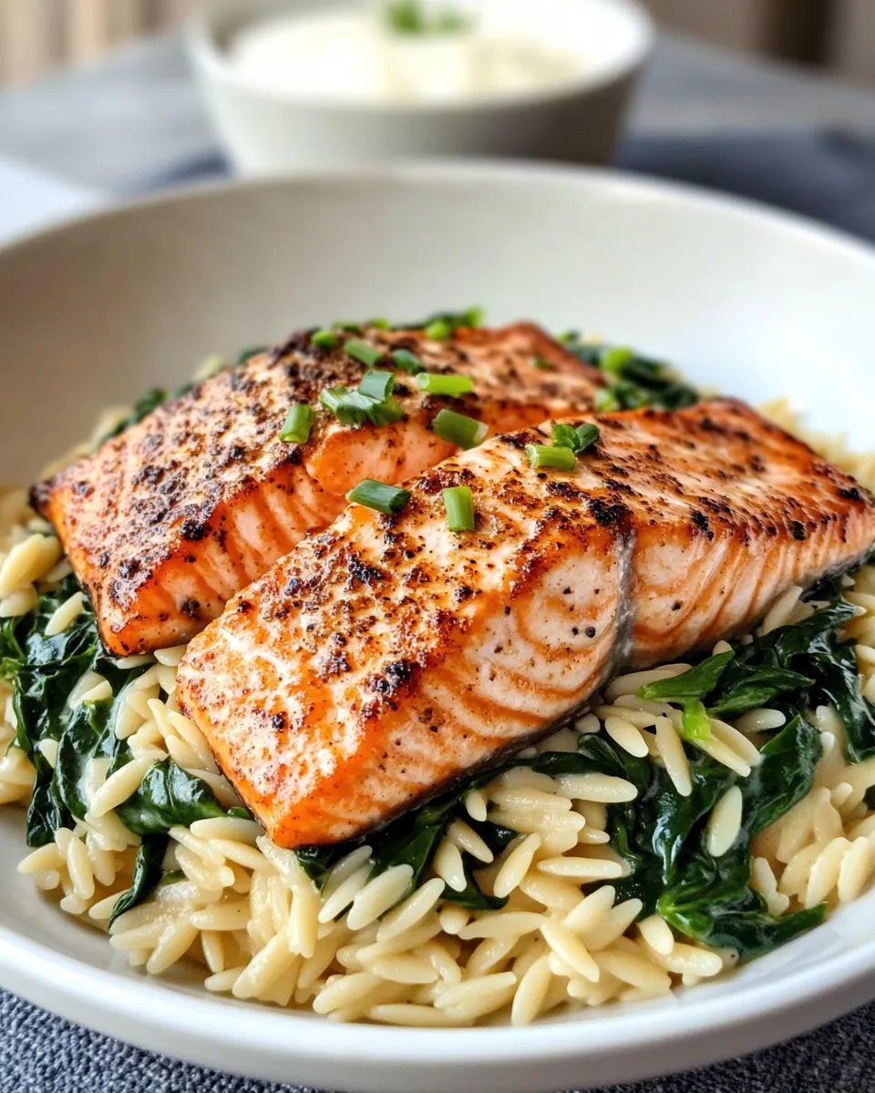 Easy Creamy Cajun Salmon and Spinach Orzo food shot