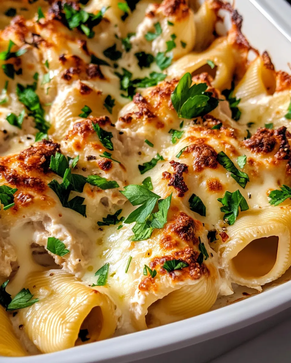 Delicious Creamy Chicken Alfredo Stuffed Shells food shot