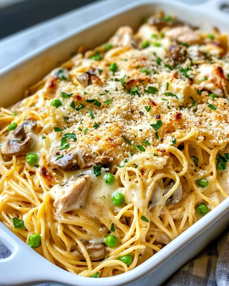 Delicious Creamy Mushroom Turkey Tetrazzini Bake dish photo