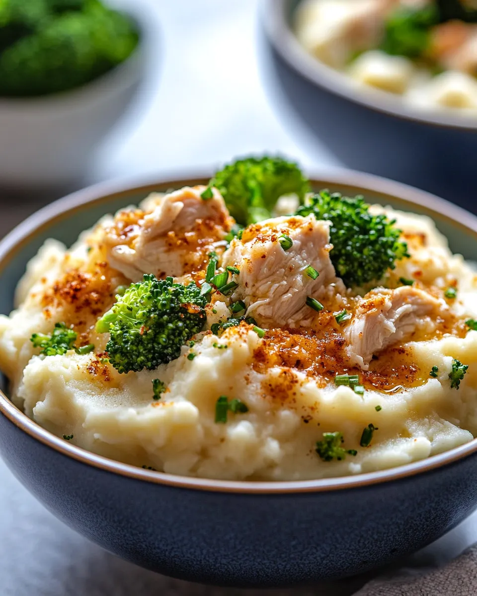 Easy Creamy Roasted Garlic Mashed Potato Bowls (with Chicken) food shot