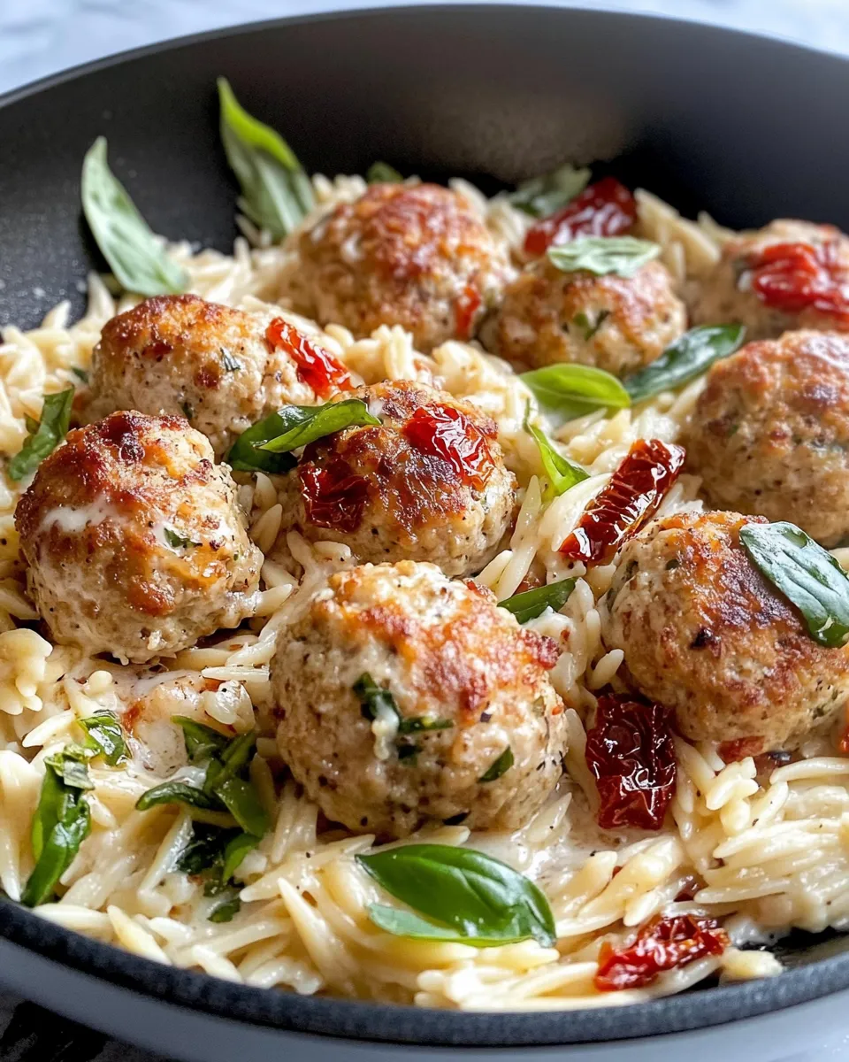 Homemade Creamy Sundried Tomato Turkey Meatballs over Orzo photo