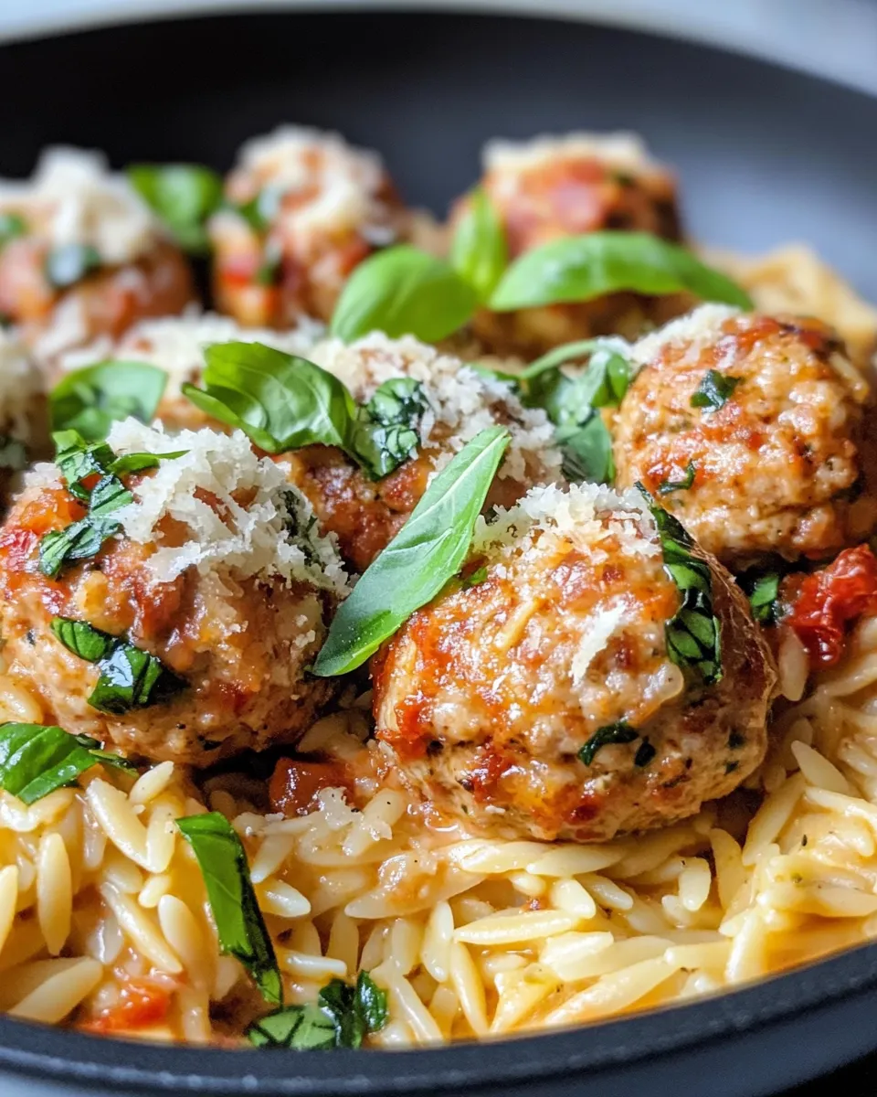 Classic Creamy Sundried Tomato Turkey Meatballs over Orzo image