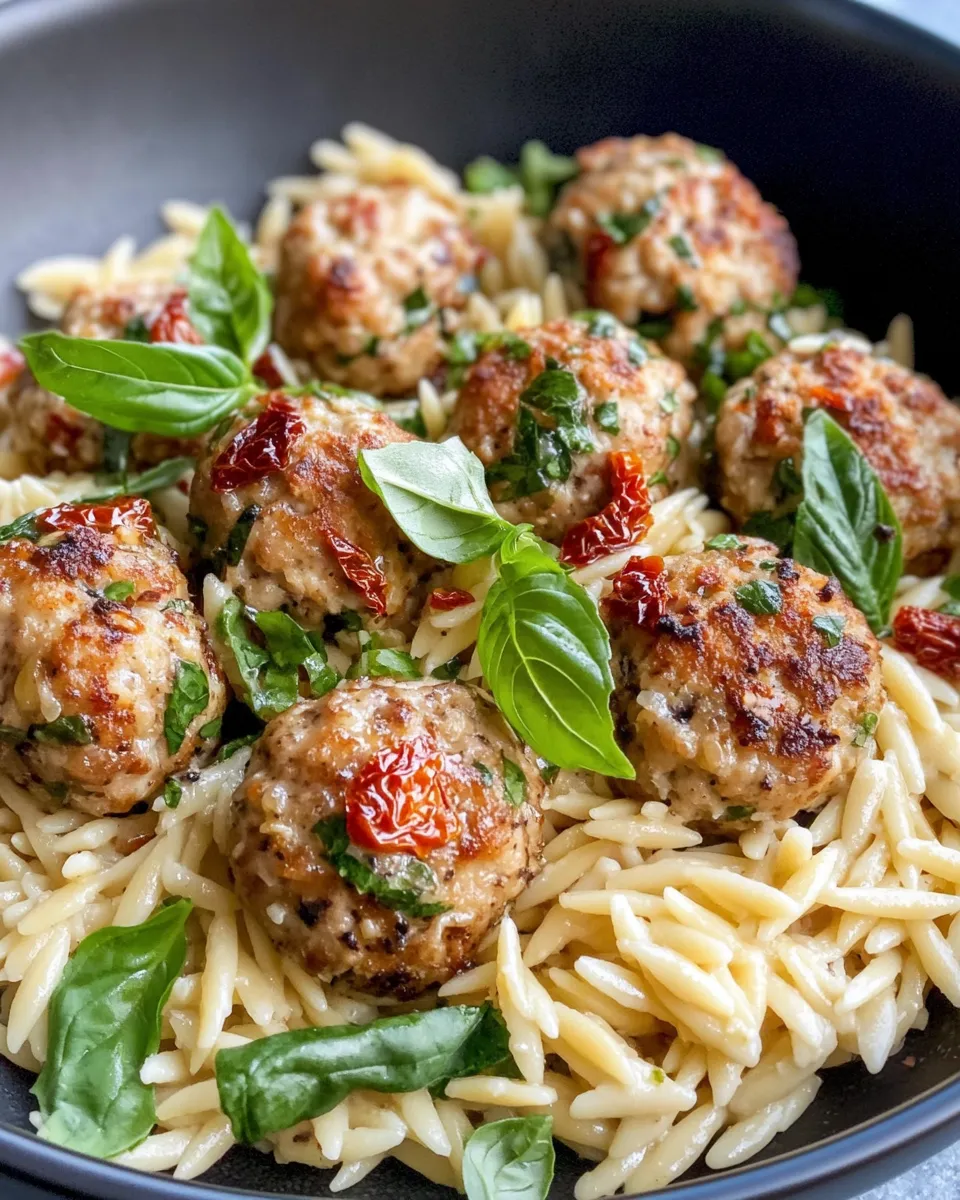 Easy Creamy Sundried Tomato Turkey Meatballs over Orzo recipe photo