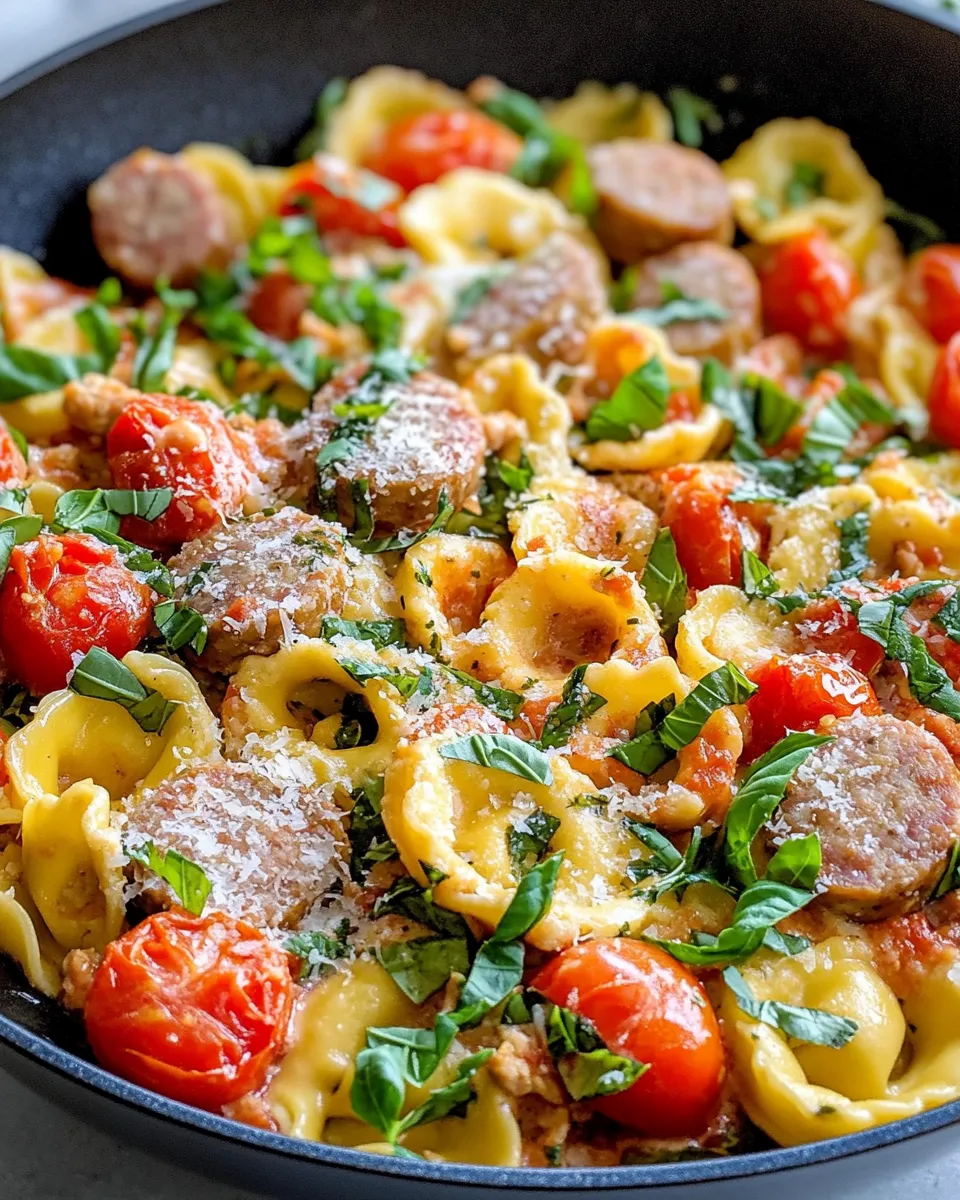 Easy Creamy Tomato Basil Tortelloni with Chicken Sausage (Turkey) food shot