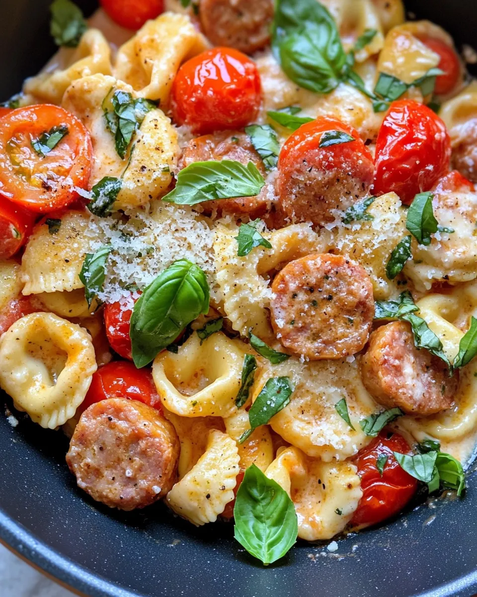 Delicious Creamy Tomato Basil Tortelloni with Chicken Sausage (Turkey) plate image