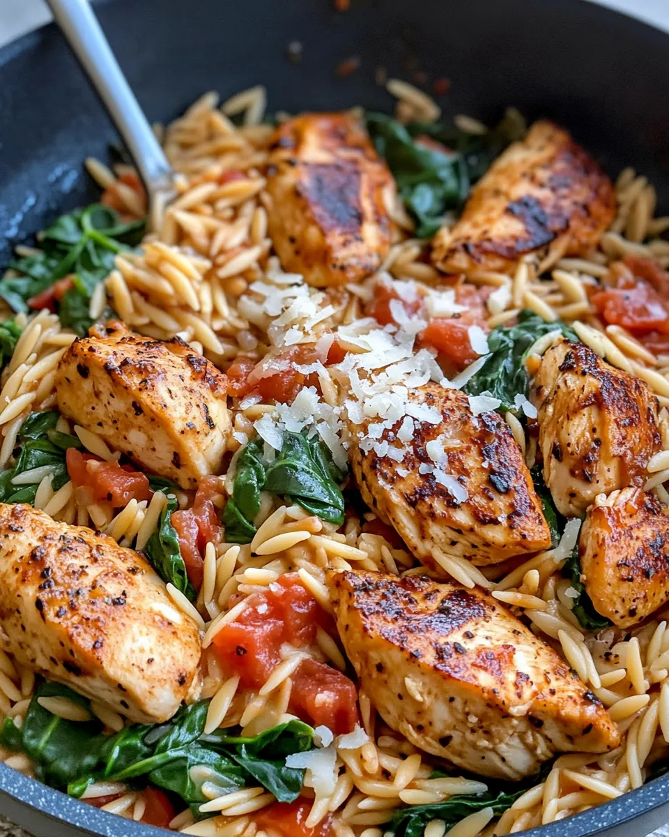 Easy Creamy Tomato Spinach Orzo with Chicken food shot