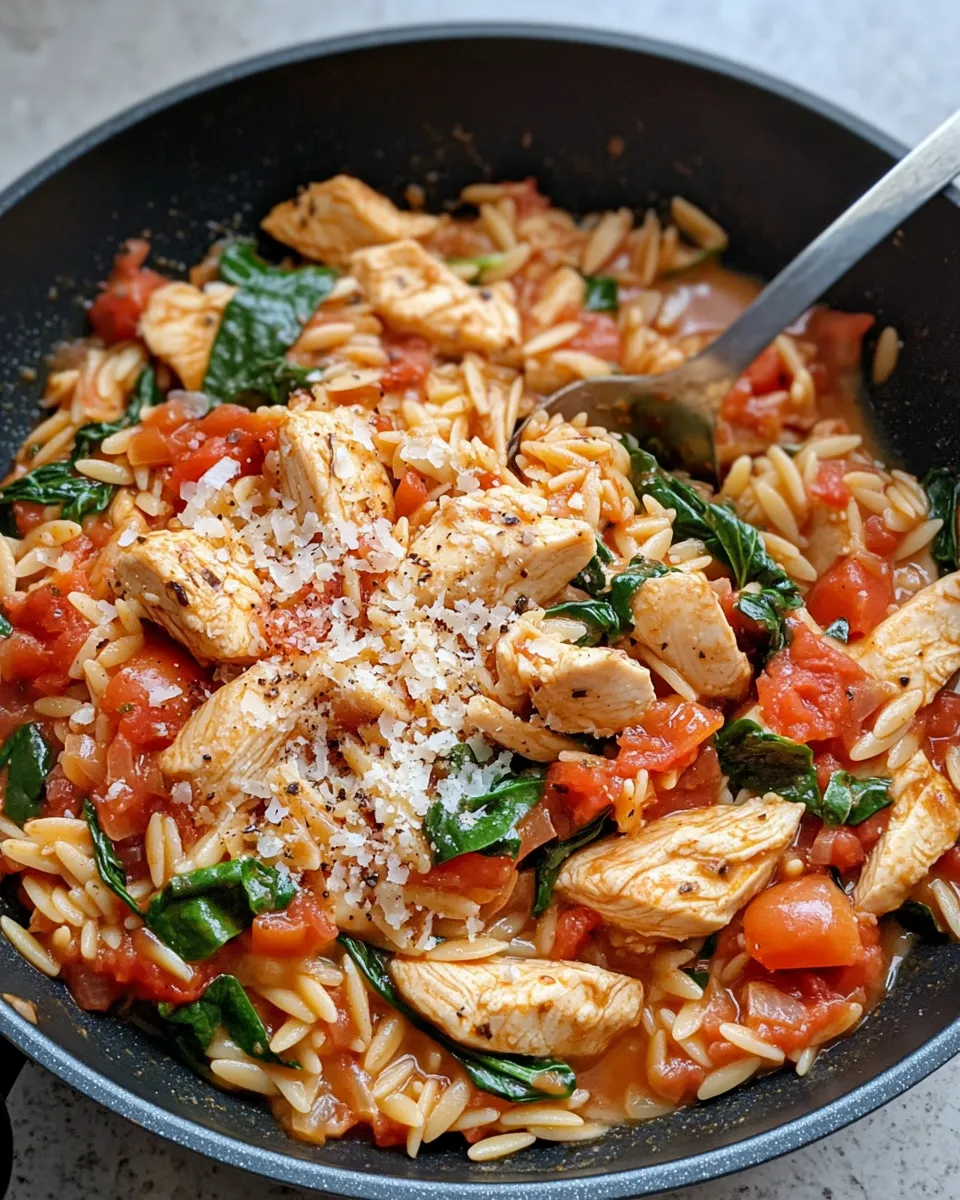 Delicious Creamy Tomato Spinach Orzo with Chicken image