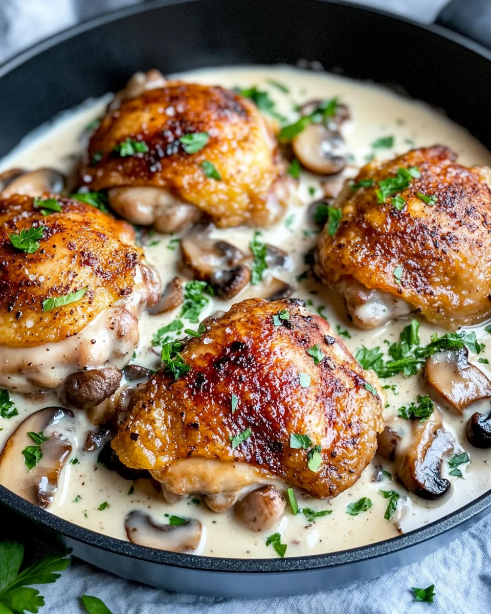 Easy Crispy Chicken Thighs with Creamy Mushroom Sauce food shot