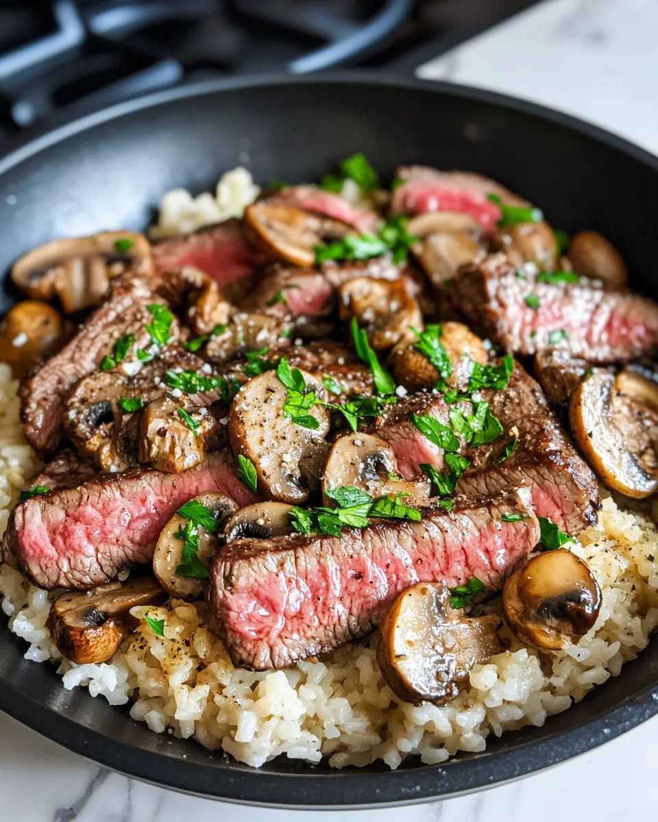 Delicious Garlic Butter Steak and Mushroom Skillet (with Rice) dish photo