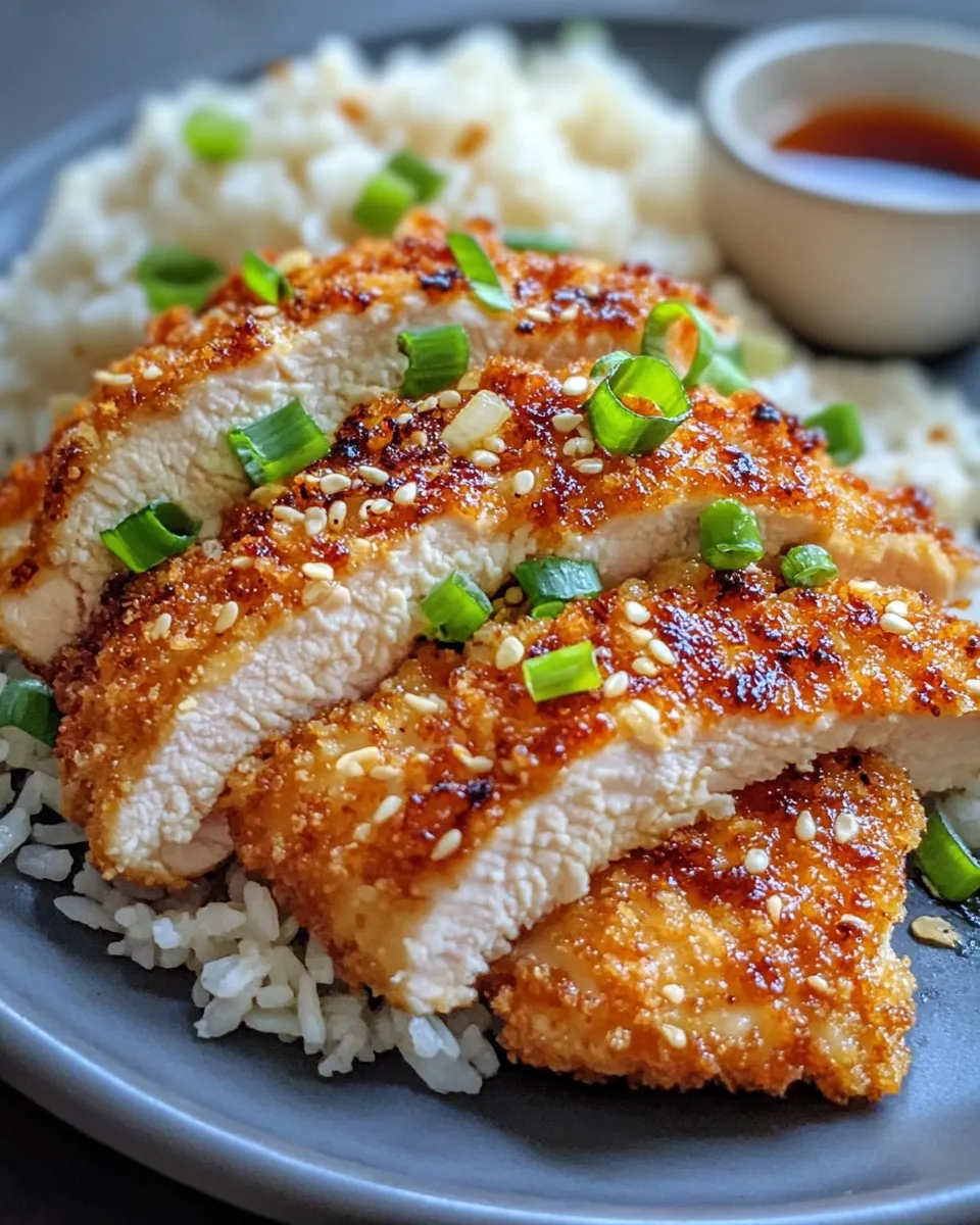 Delicious Golden Chicken Katsu with Sticky Rice (Oven-Baked) food shot
