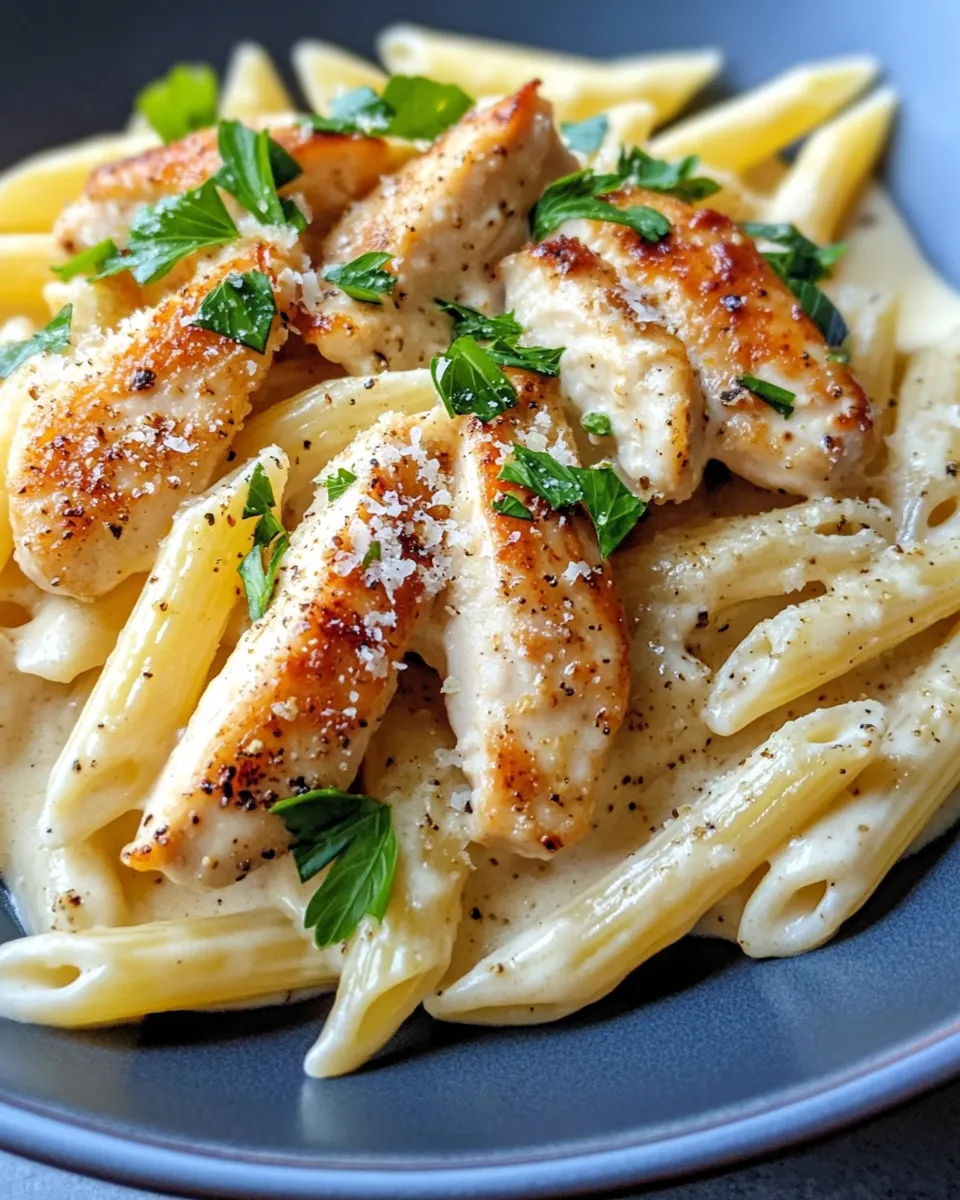 Easy Lemon Pepper Chicken Alfredo Penne food shot
