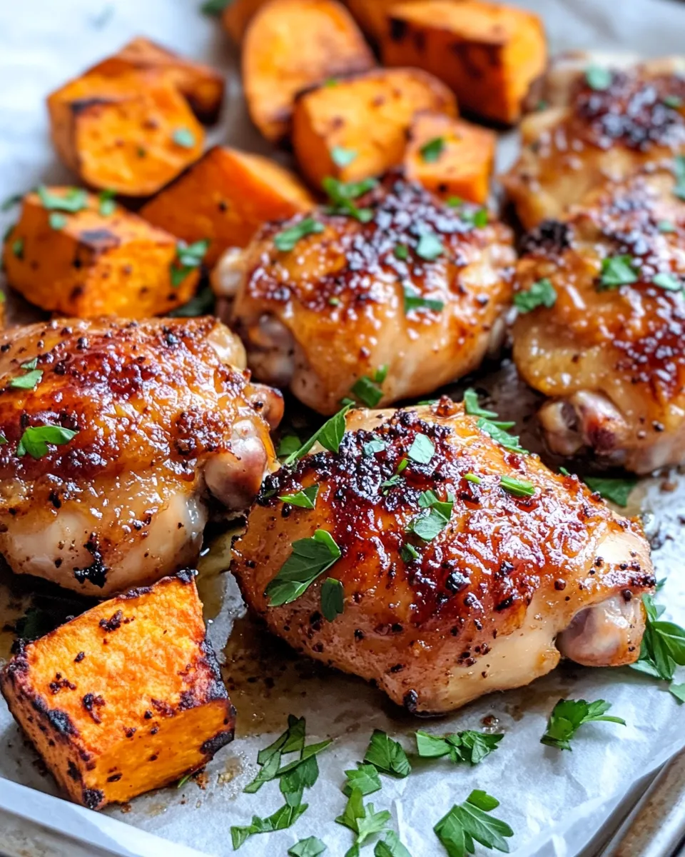 Easy Maple Garlic Chicken Thighs with Roasted Sweet Potatoes food shot
