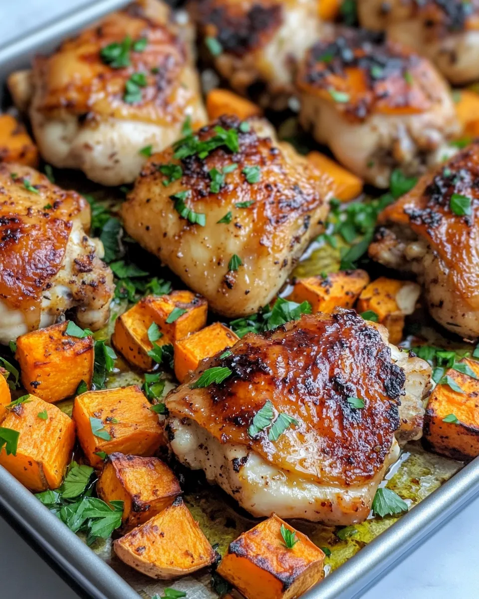 Delicious Maple Garlic Chicken Thighs with Roasted Sweet Potatoes plate image