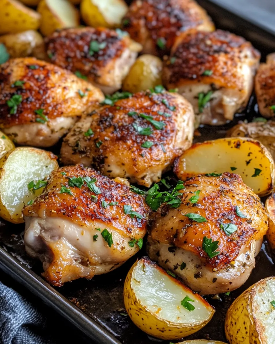 Healthy Sheet-Pan Lemon Herb Chicken & Garlic Potatoes food shot