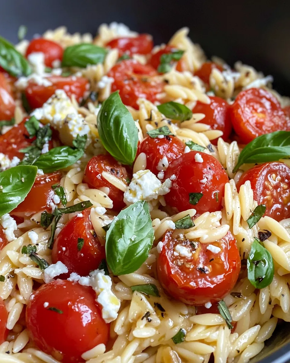 Delicious Baked Feta Tomato Orzo with Fresh Basil food shot