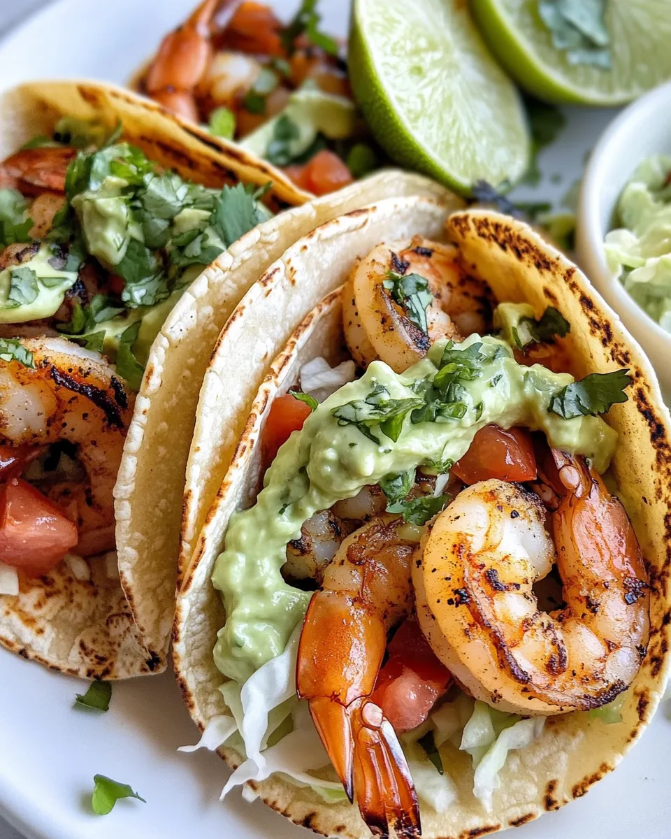 Fresh Chipotle Lime Shrimp Tacos with Avocado Crema food shot