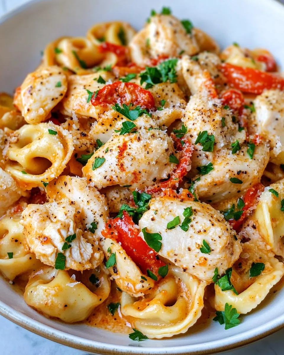 Delicious Creamy Cajun Chicken Tortellini with Roasted Peppers food shot