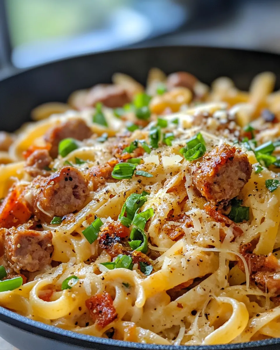 Easy Creamy Cajun Sausage-Style Turkey Pasta Skillet food shot