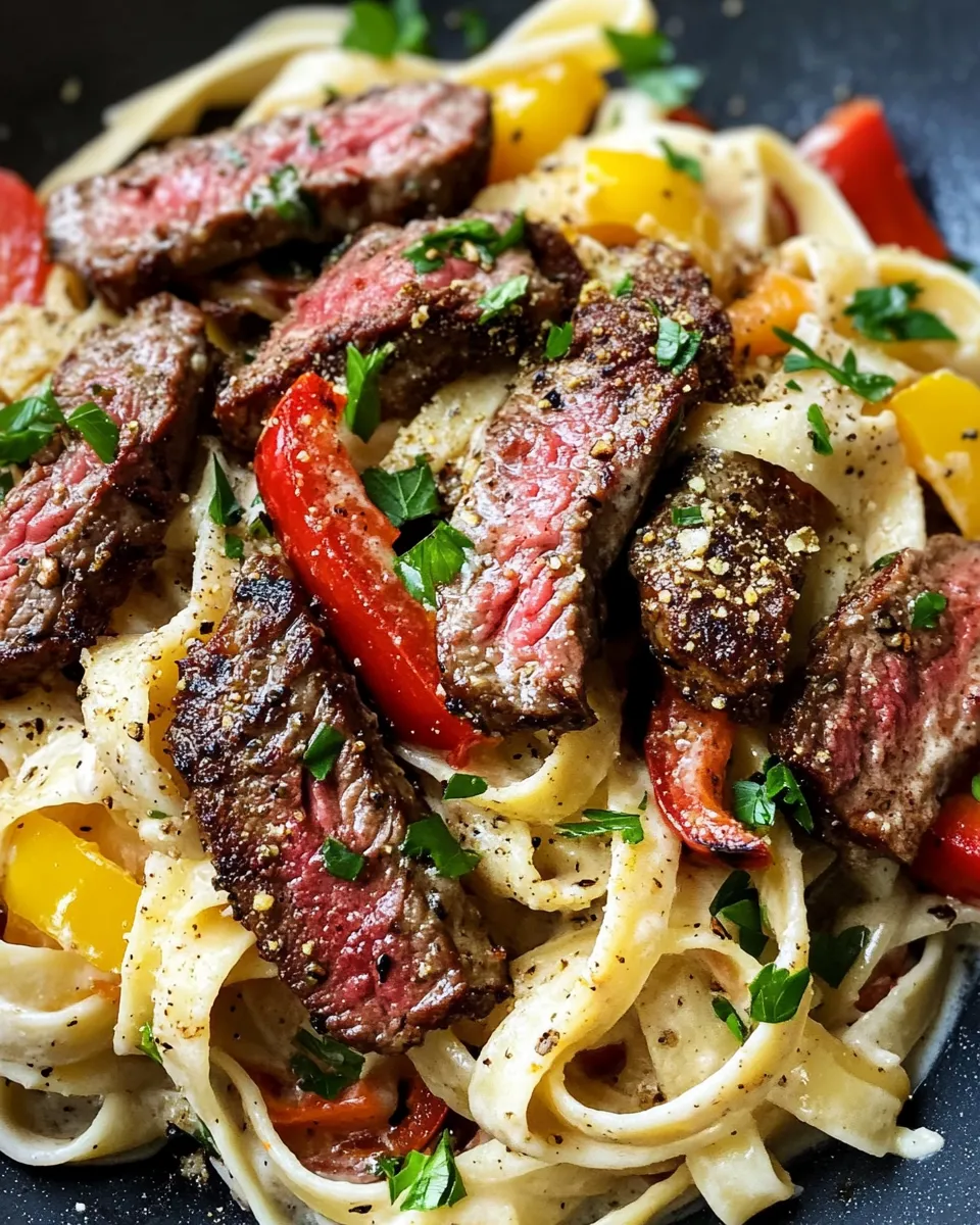 Easy Creamy Cajun Steak Alfredo with Charred Peppers food shot
