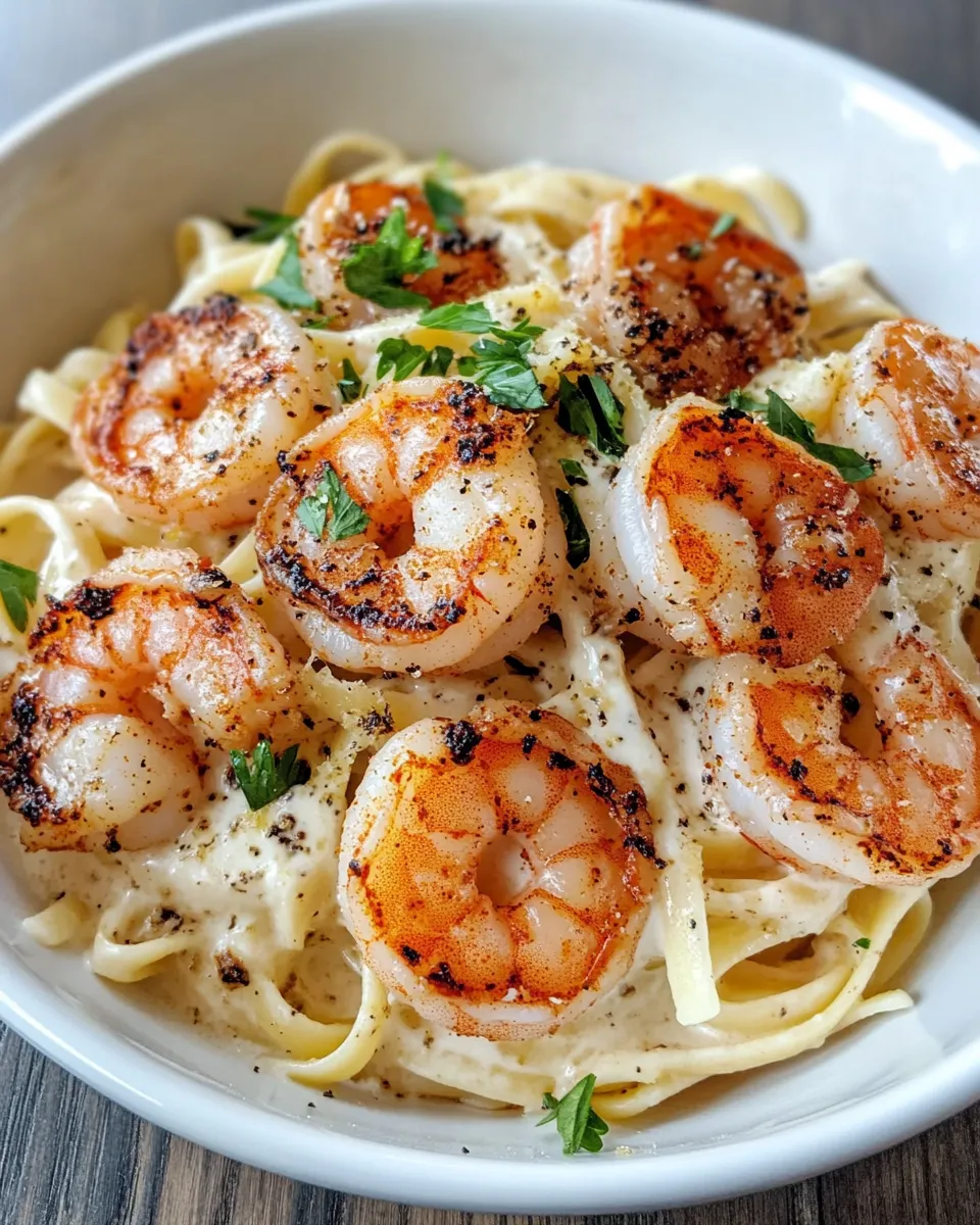 Easy Creamy Lemon Pepper Alfredo with Blackened Shrimp food shot