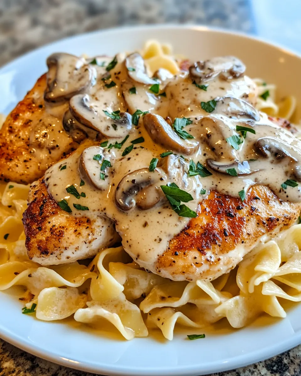 Classic Creamy Mushroom Marsala Chicken over Buttered Noodles dish photo
