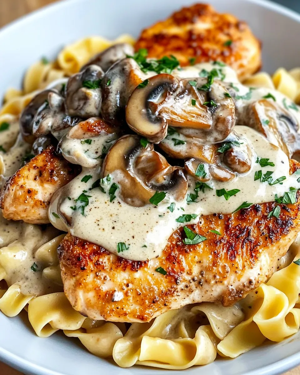 Easy Creamy Mushroom Marsala Chicken over Buttered Noodles food shot