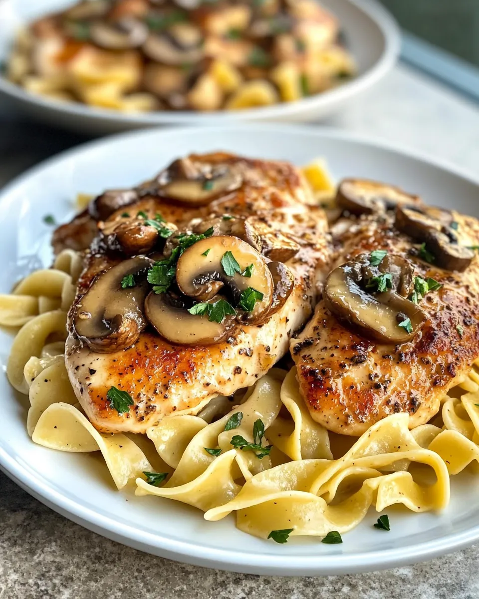 Delicious Creamy Mushroom Marsala Chicken over Buttered Noodles plate image