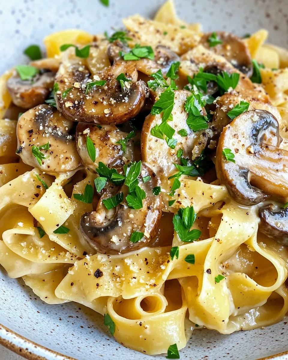 Classic Creamy Mushroom Stroganoff with Buttered Noodles food shot