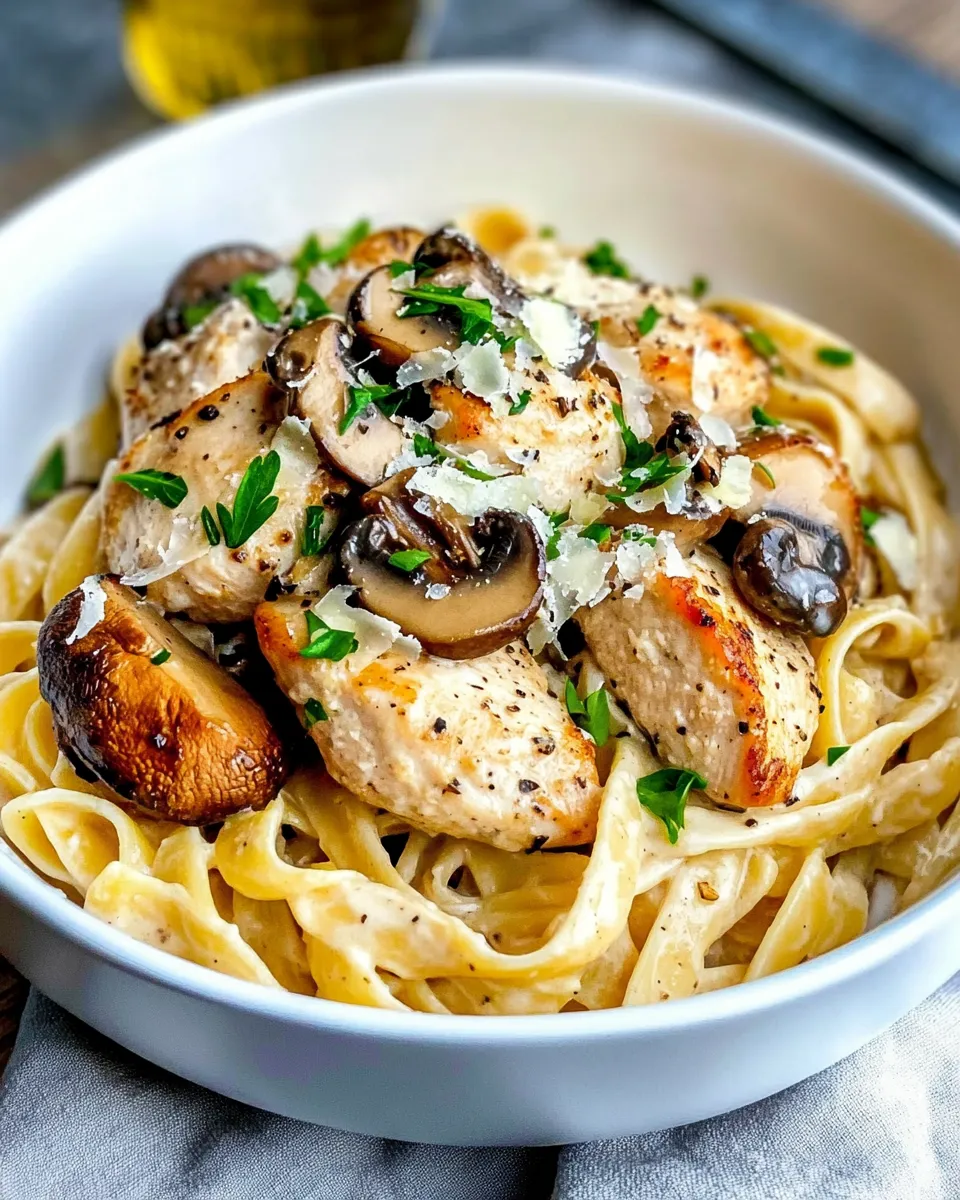 Delicious Creamy Parmesan Chicken & Wild Mushroom Fettuccine food shot
