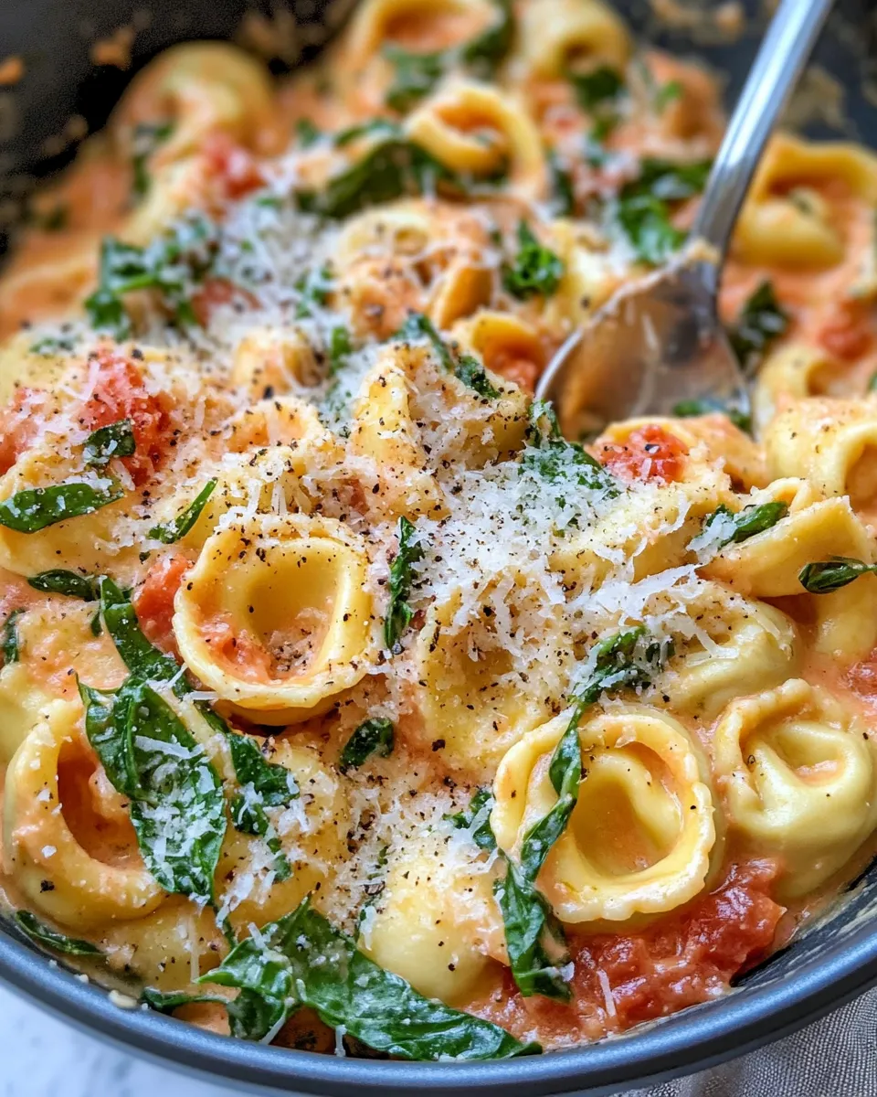 Easy Creamy Parmesan Tomato Tortellini with Spinach food shot