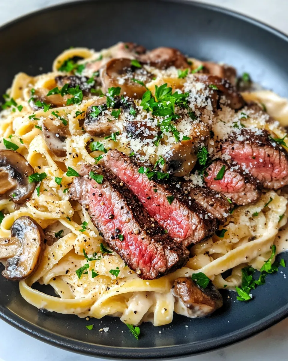 Delicious Creamy Peppercorn Steak Pasta with Mushrooms dish photo