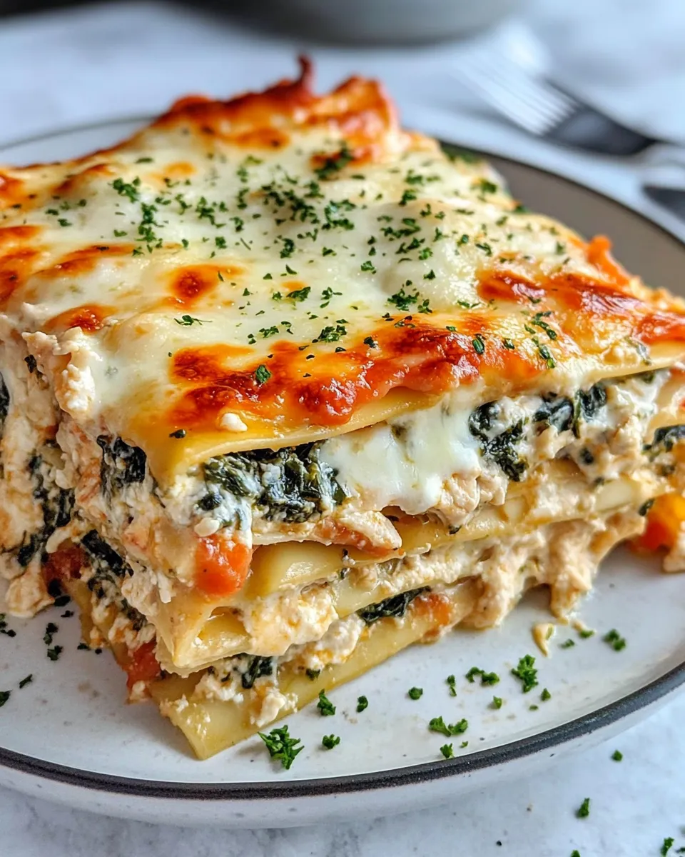 Easy Creamy Pesto Chicken Lasagna with Spinach food shot