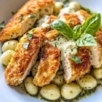 Homemade Creamy Pesto Gnocchi with Crispy Chicken Cutlets photo