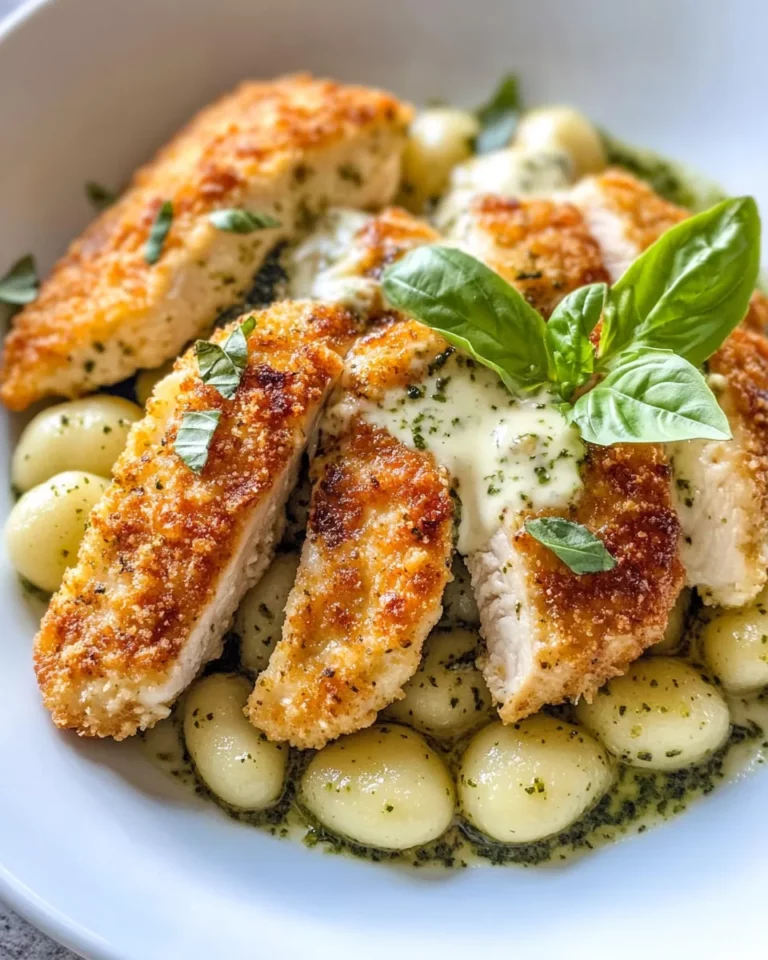 Homemade Creamy Pesto Gnocchi with Crispy Chicken Cutlets photo