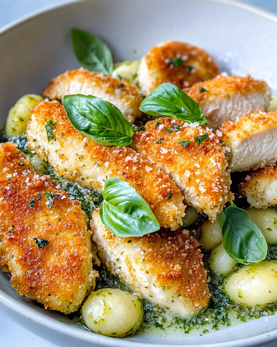 Classic Creamy Pesto Gnocchi with Crispy Chicken Cutlets image