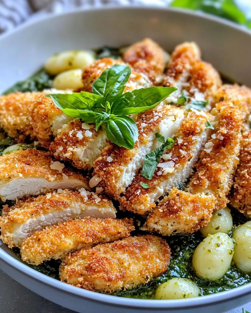 Easy Creamy Pesto Gnocchi with Crispy Chicken Cutlets recipe photo