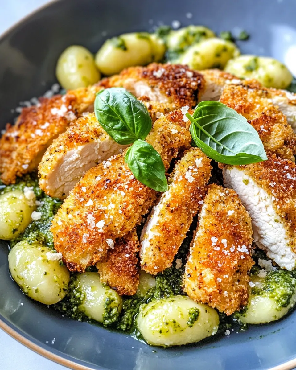 Delicious Creamy Pesto Gnocchi with Crispy Chicken Cutlets shot