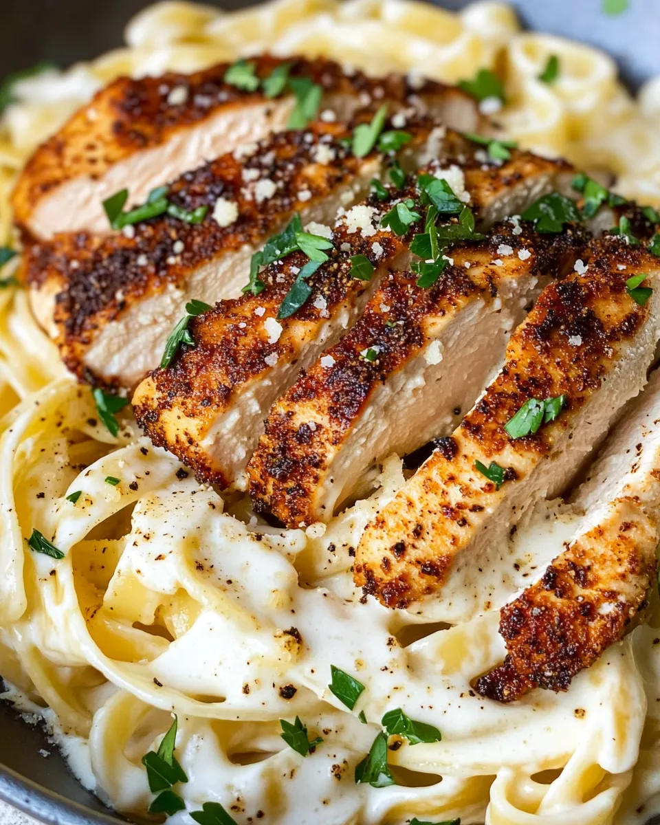 Easy Creamy Roasted Garlic Alfredo with Blackened Chicken food shot