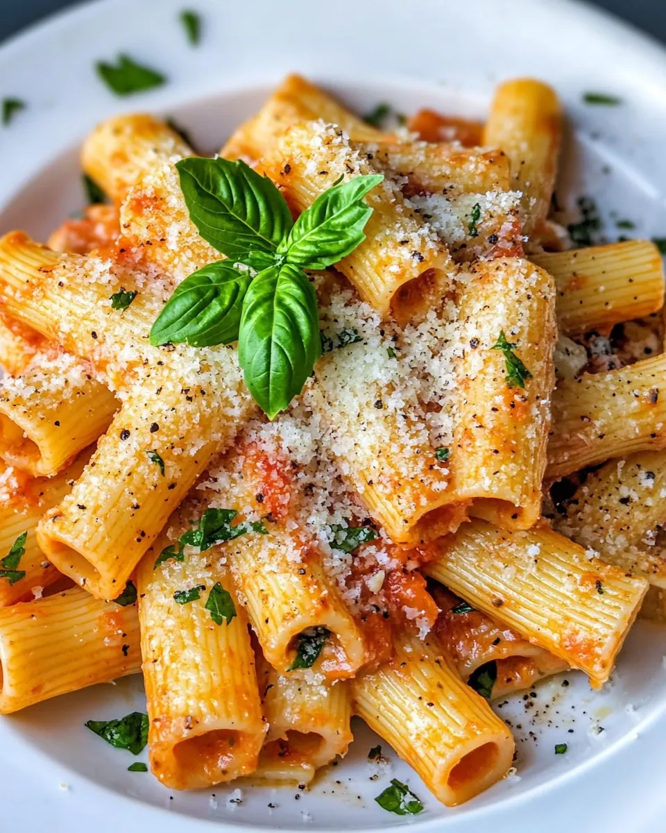 Easy Creamy Roasted Red Pepper Rigatoni with Italian Herbs food shot