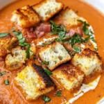 Homemade Creamy Roasted Tomato Soup with Grilled Cheese Croutons photo