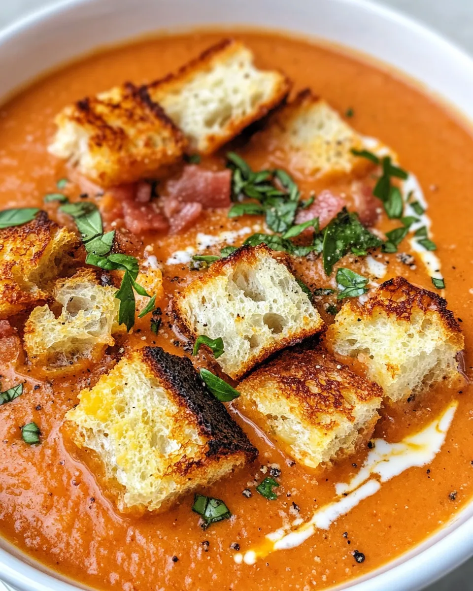 Homemade Creamy Roasted Tomato Soup with Grilled Cheese Croutons photo