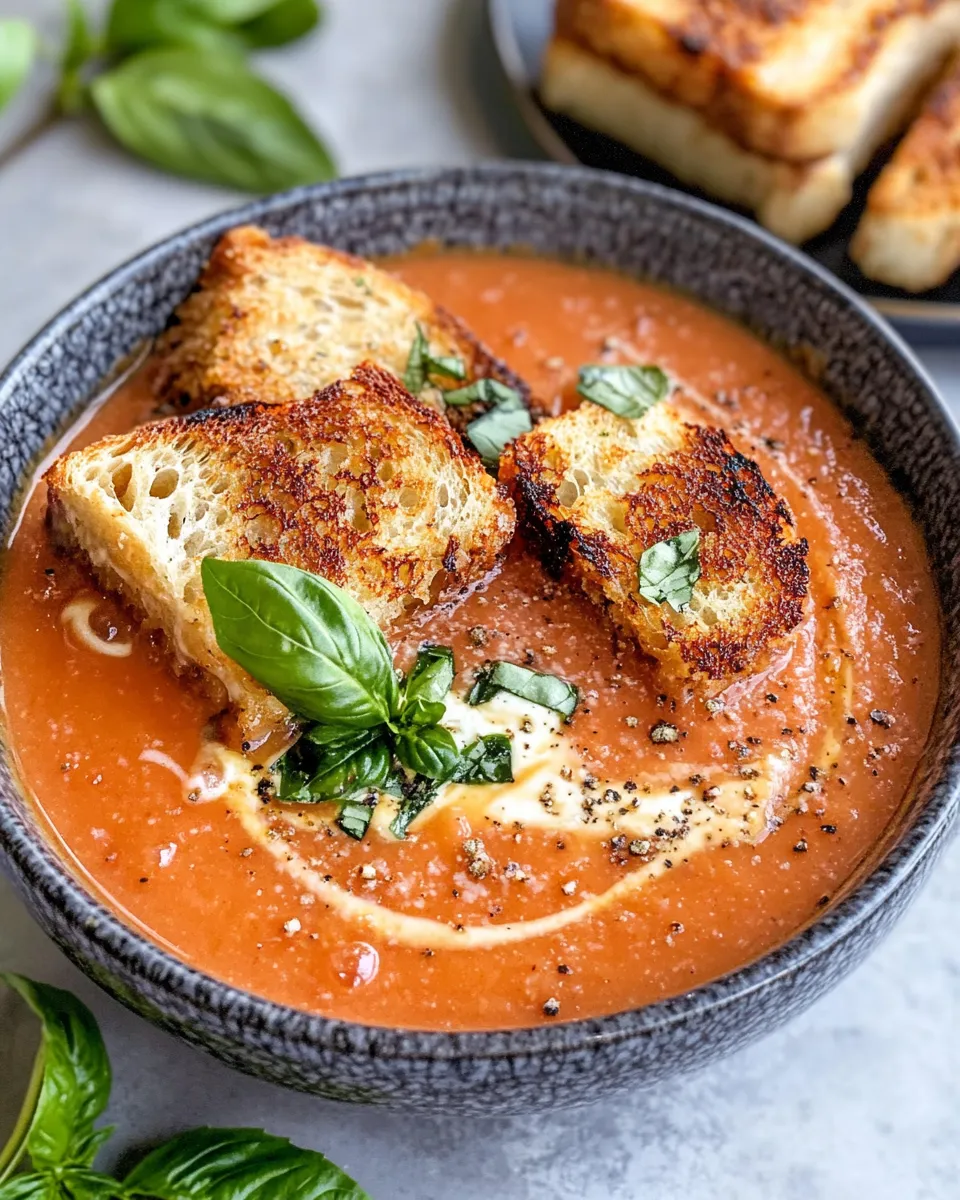 Classic Creamy Roasted Tomato Soup with Grilled Cheese Croutons image
