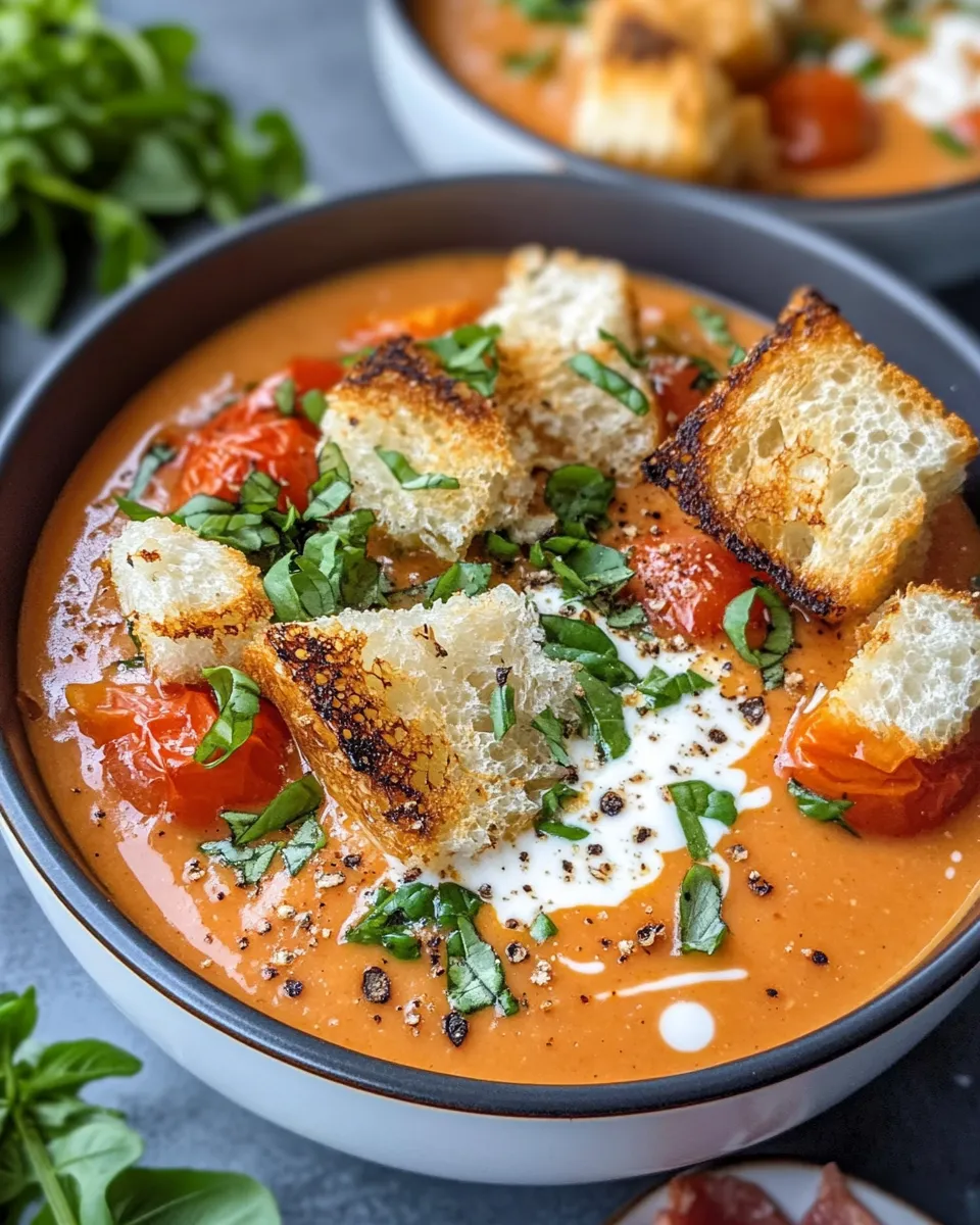 Easy Creamy Roasted Tomato Soup with Grilled Cheese Croutons recipe photo
