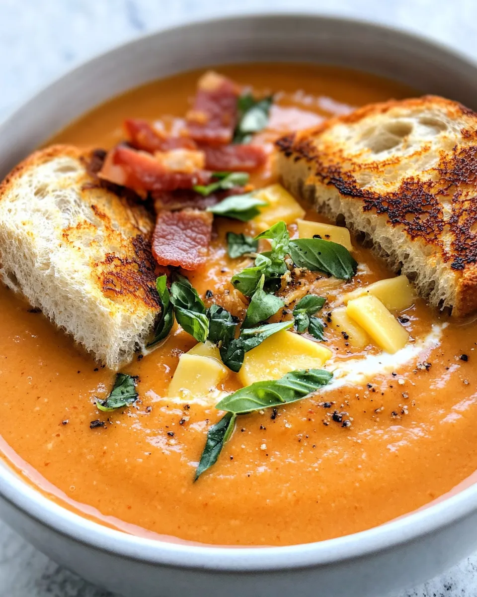 Delicious Creamy Roasted Tomato Soup with Grilled Cheese Croutons dish photo