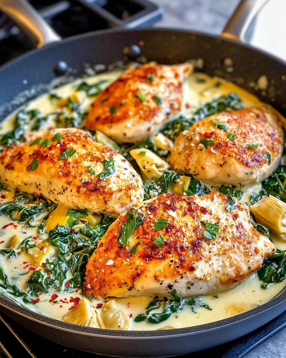 Delicious Creamy Spinach Artichoke Chicken Skillet food shot