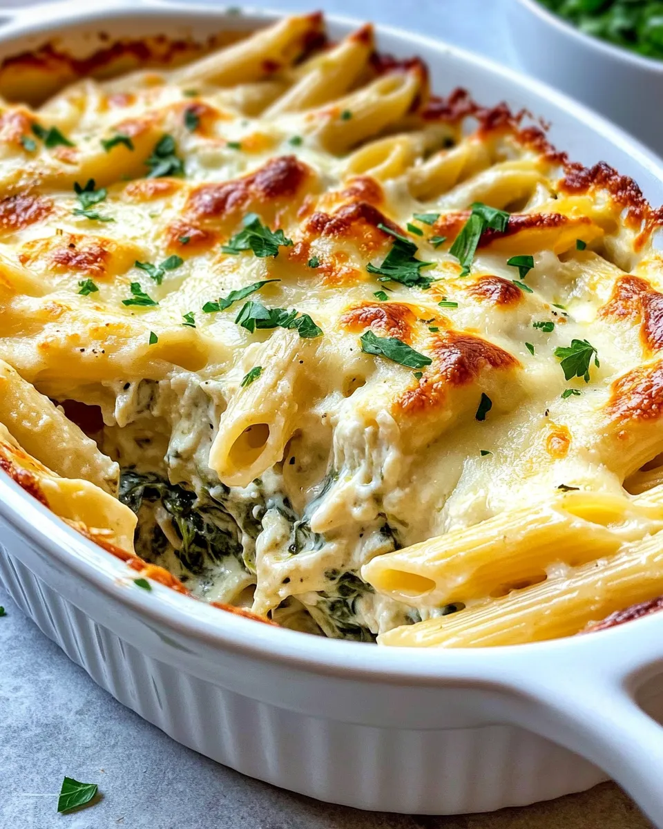 Classic Creamy Spinach Artichoke Dip Pasta Bake image