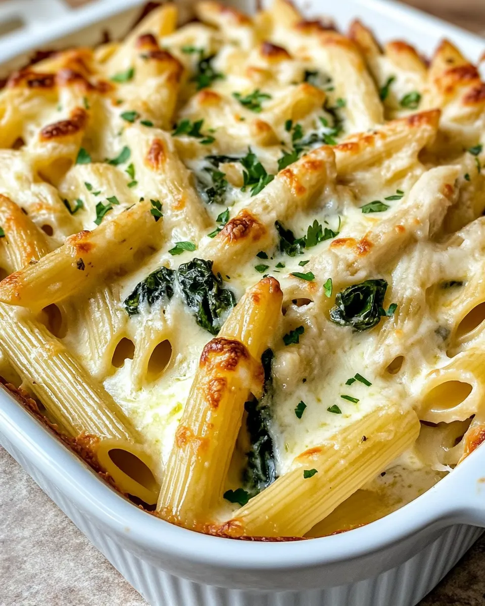 Delicious Creamy Spinach Artichoke Dip Pasta Bake dish photo