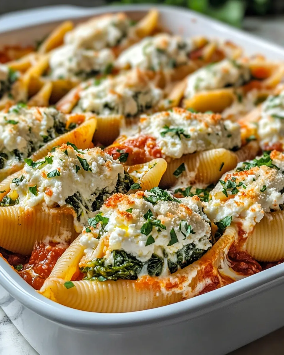 Easy Creamy Spinach & Feta Stuffed Shells with Marinara food shot