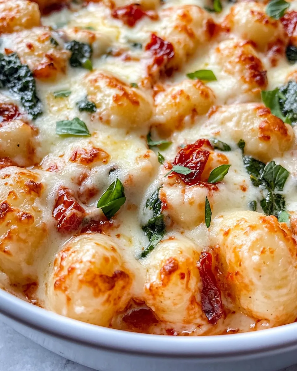 Easy Creamy Spinach and Sun-Dried Tomato Gnocchi Bake food shot